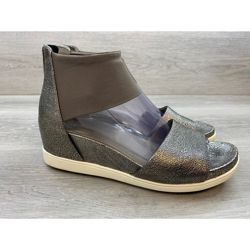 Eileen Fisher Women's Sandals Metallic Crackle Leather Wedge 8 Casual Shoes